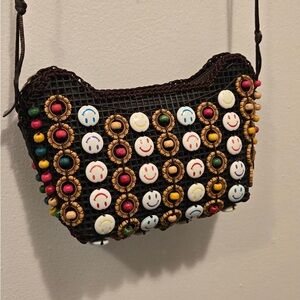 Black/Multicolor Boho Mini Crossbody Bag with Smily Face and Wooden Beads